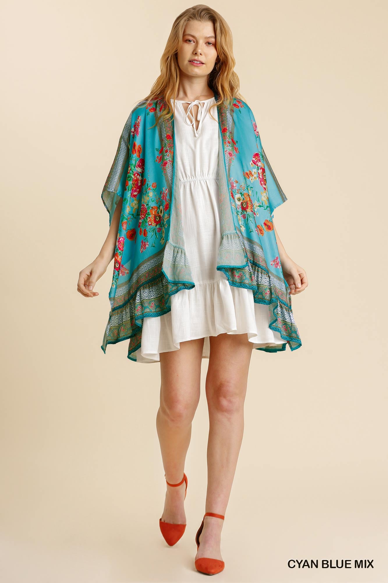 Cyan Mix Floral Open Front Kimono