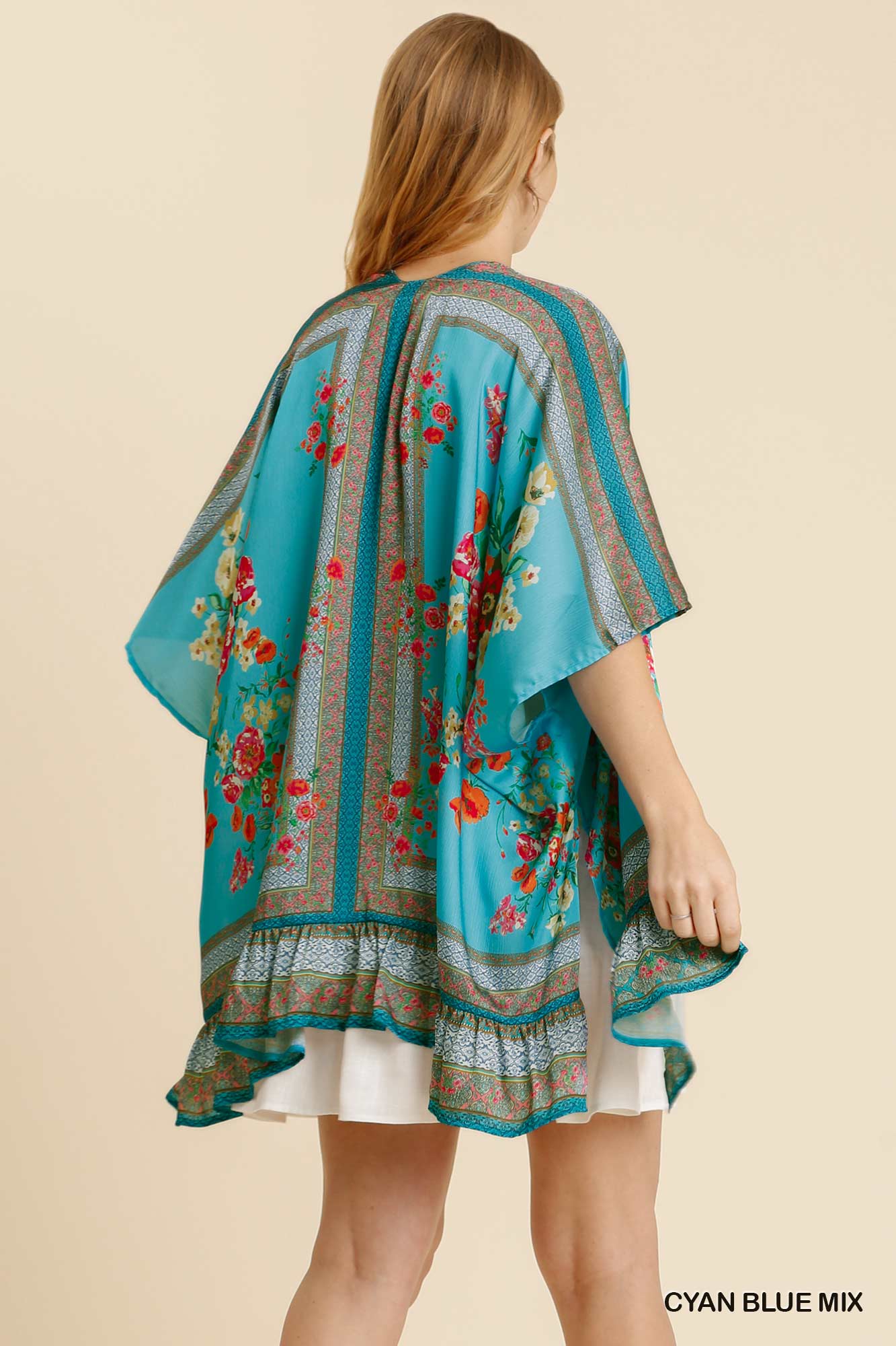 Cyan Mix Floral Open Front Kimono