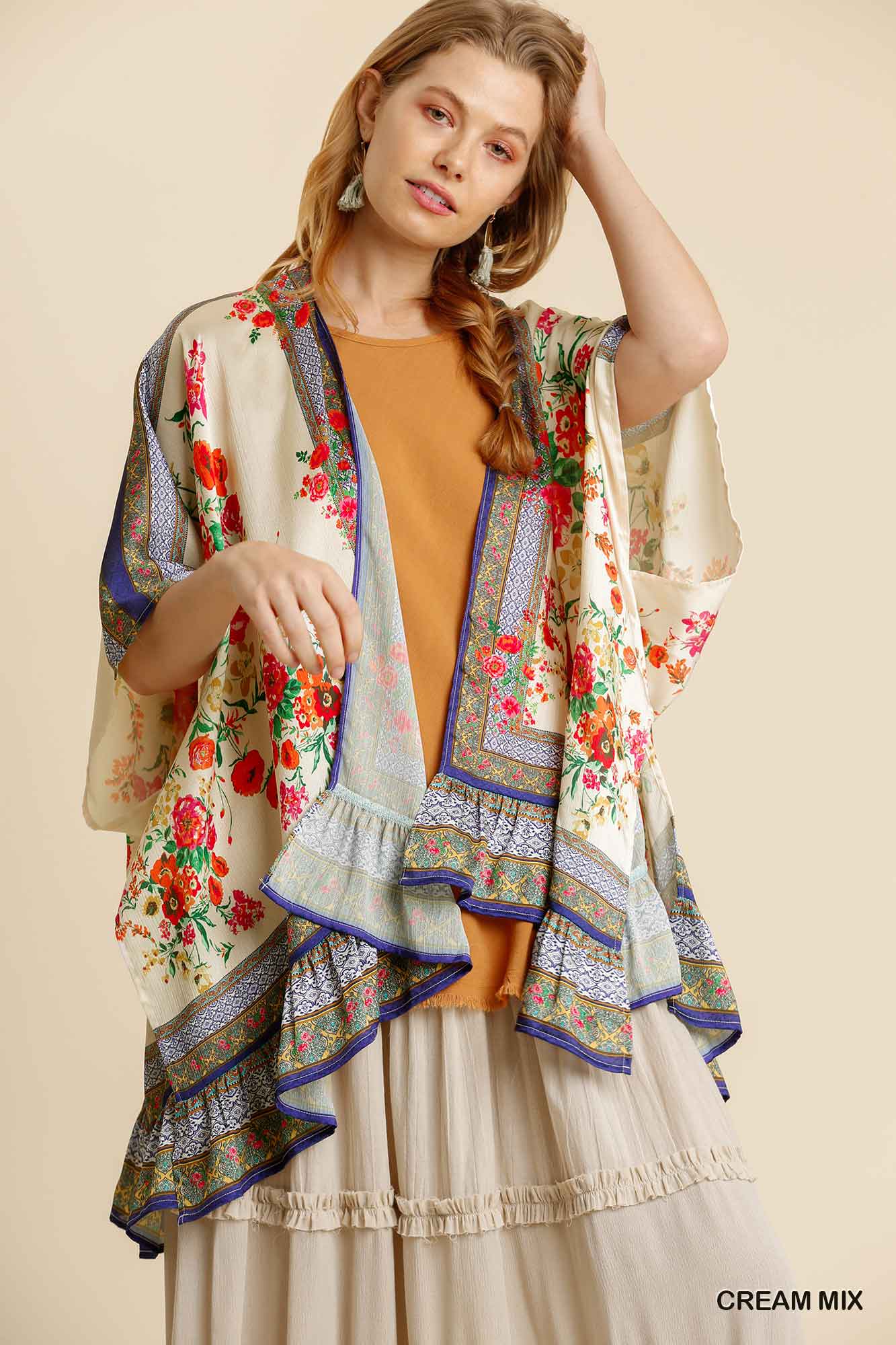 Cream Mix Floral Open Front Kimono