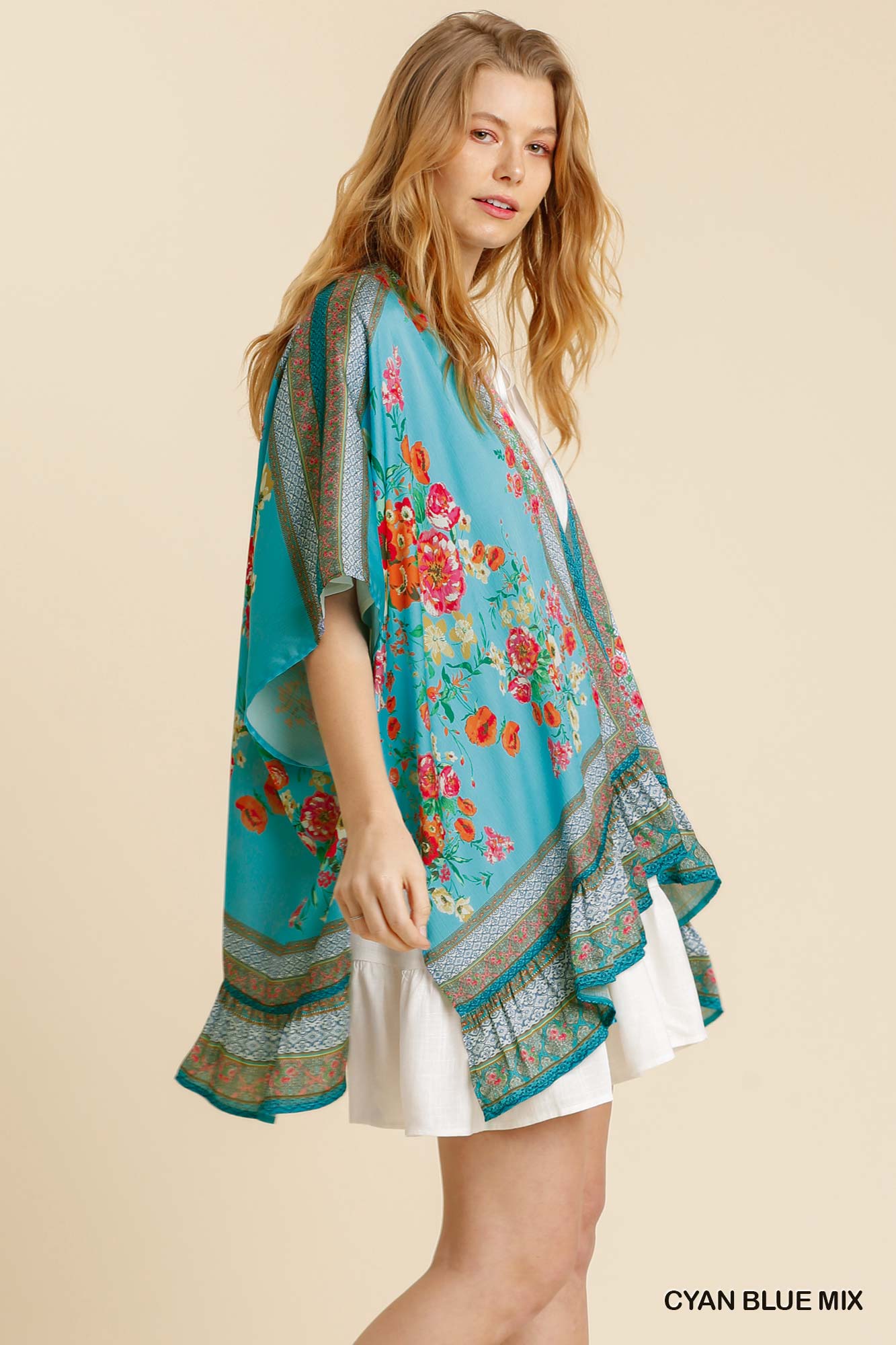 Cyan Mix Floral Open Front Kimono