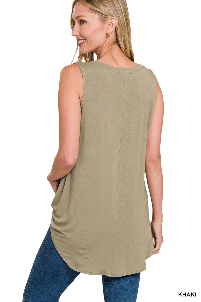 $10 Rack - Khaki Luxe Rayon Sleeveless V-Neck Hi-Low Hem Top