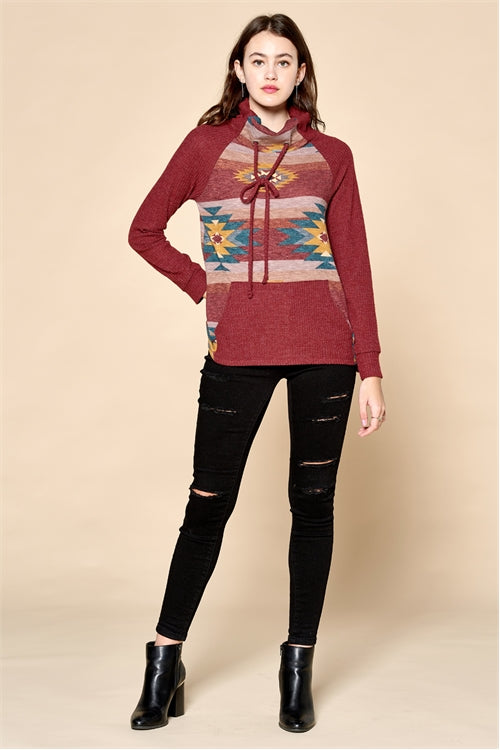 Burgundy Cowl Neck Long Sleeve Top