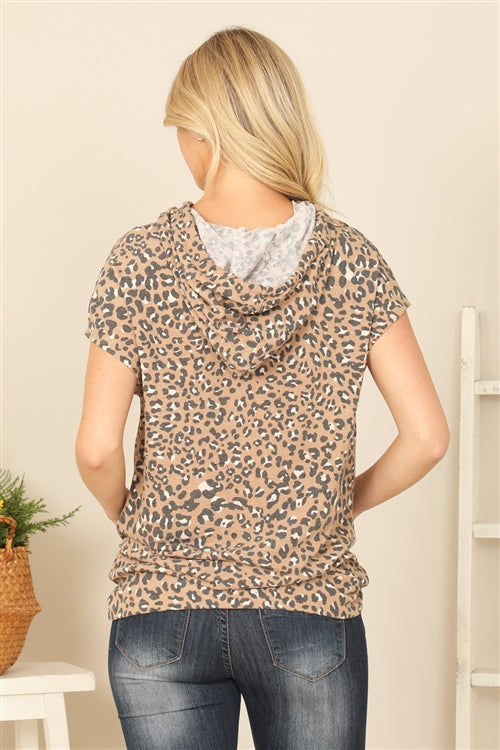 Mocha Animal Print Hoodie Top with Short Sleeves