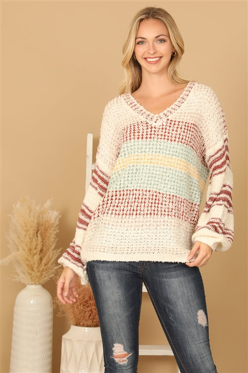 Cream Rust V Neck Striped Knit Sweater