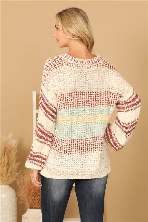 Cream Rust V Neck Striped Knit Sweater