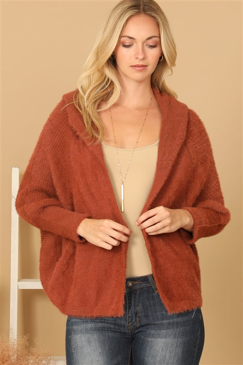 Brick Fluffy Knit Dolman Sleeve Hoodie Cardigan