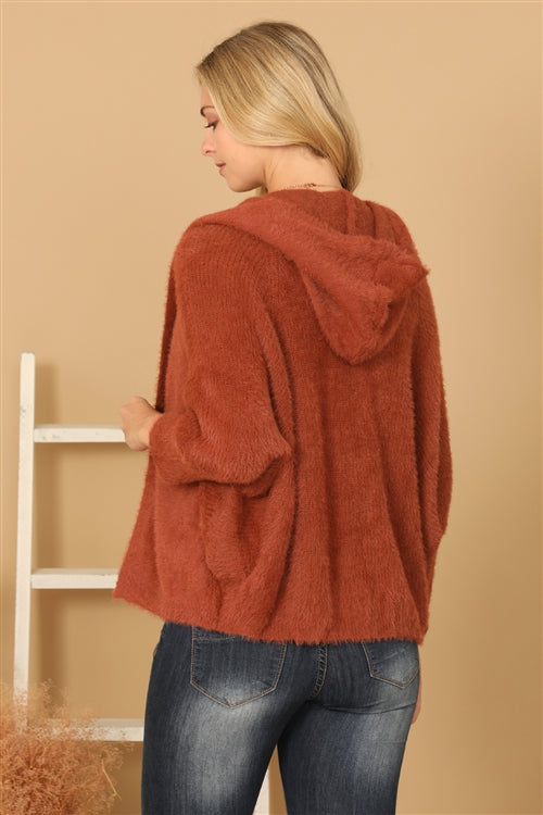 Brick Fluffy Knit Dolman Sleeve Hoodie Cardigan