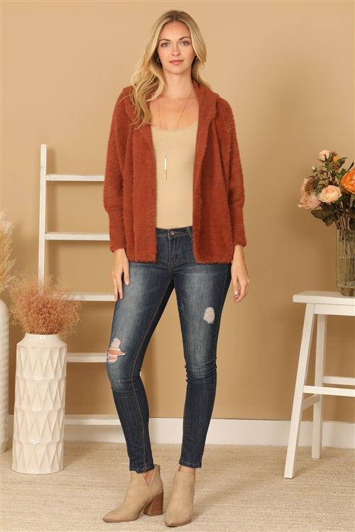 Brick Fluffy Knit Dolman Sleeve Hoodie Cardigan