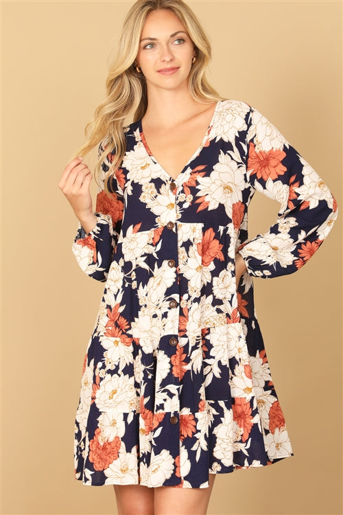 Sale - Navy V Neck Long Sleeve Floral Dress