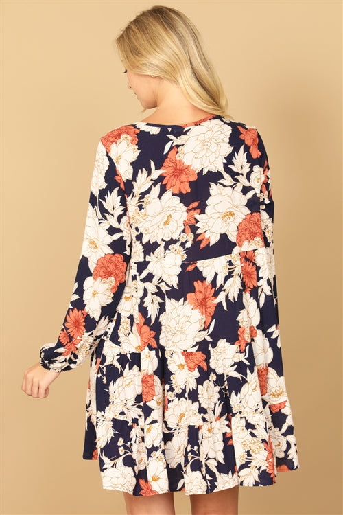 Sale - Navy V Neck Long Sleeve Floral Dress