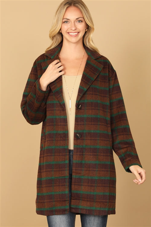 Brown and Green Plaid Button Down Jacket