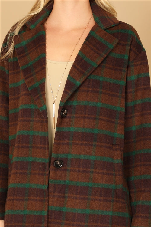 Brown and Green Plaid Button Down Jacket