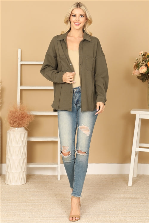 Olive Distressed Sweatshirt Jacket