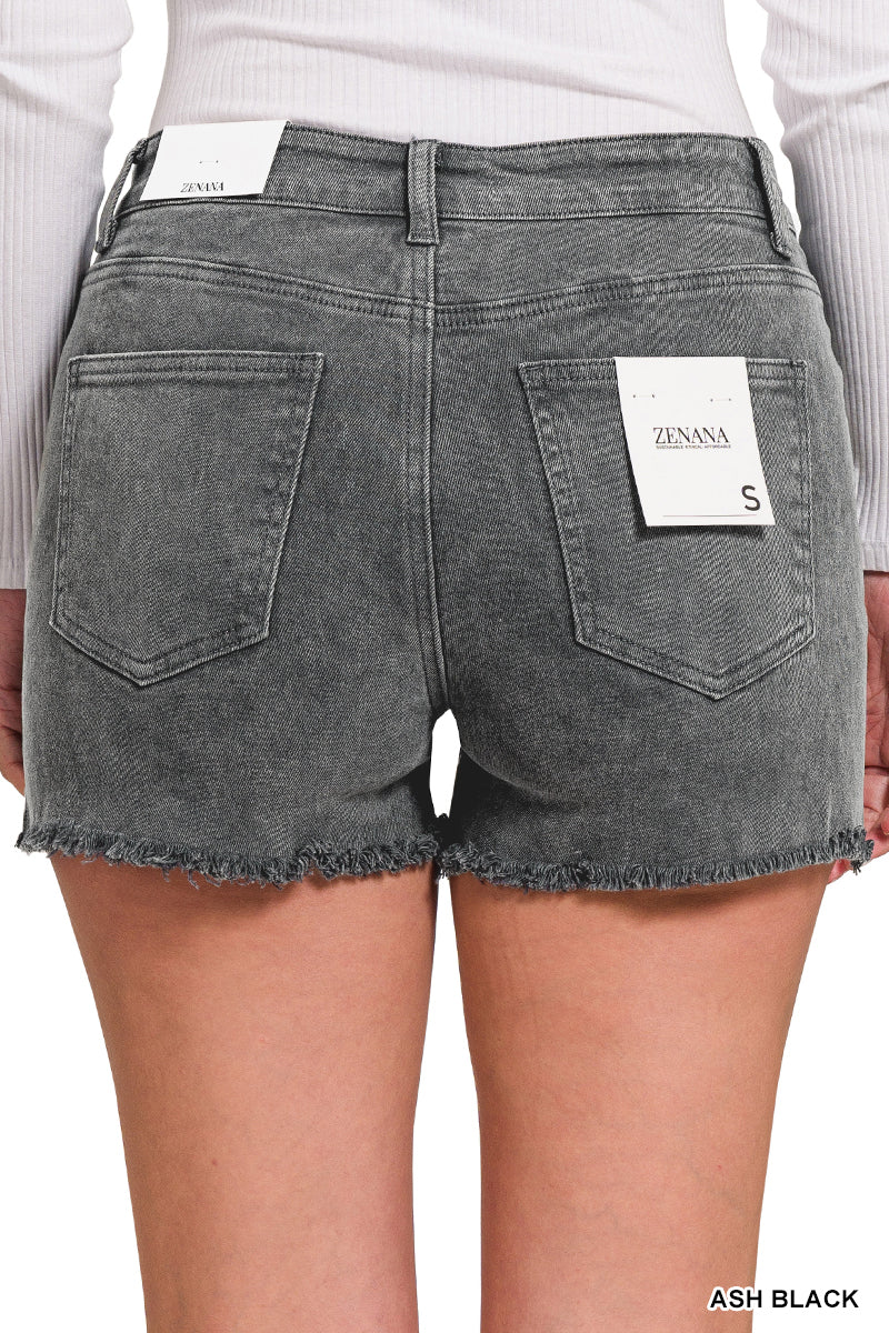 Acid Washed Black Frayed Cutoff Hem Shorts