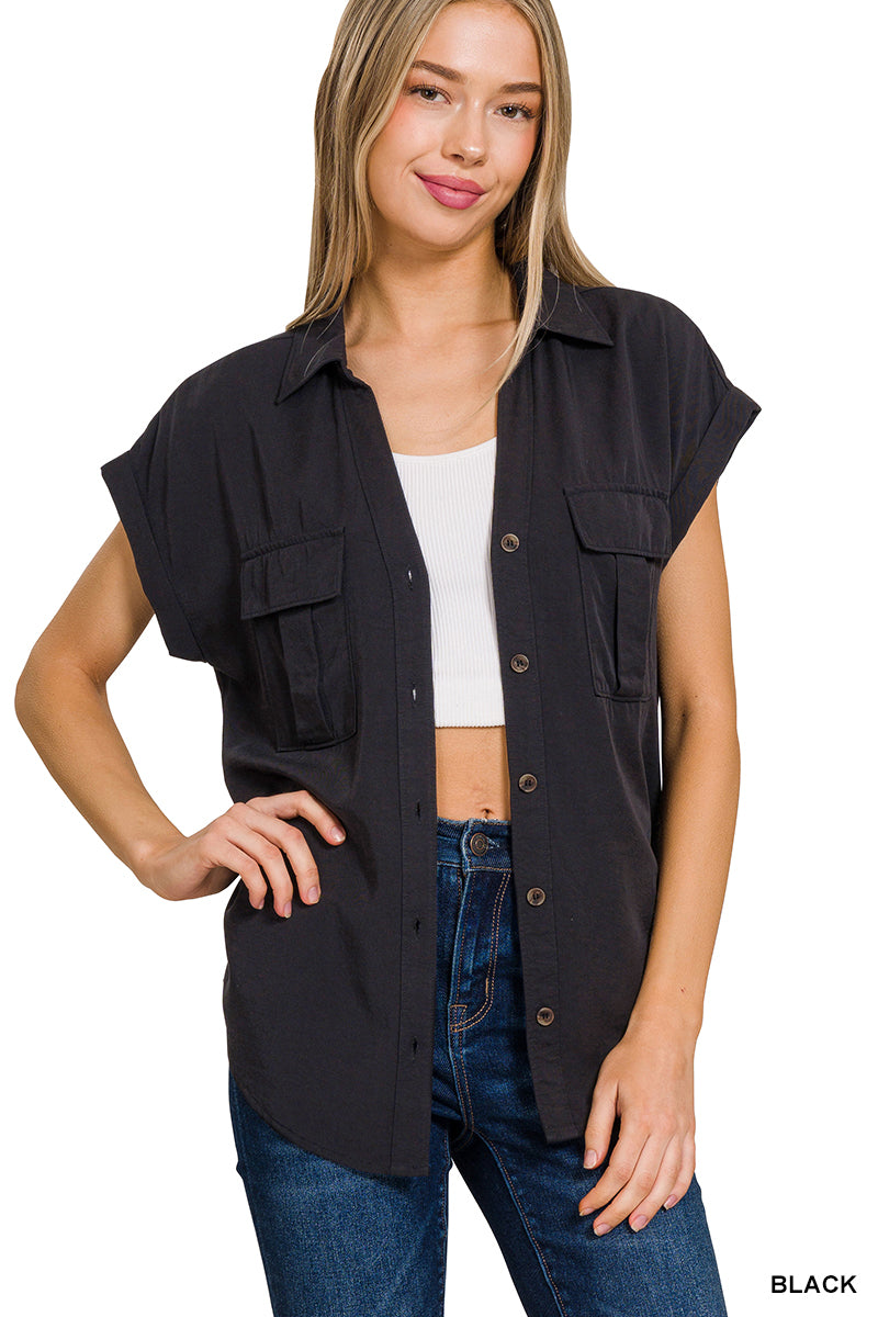 Sale - Black Collared Button Up Top