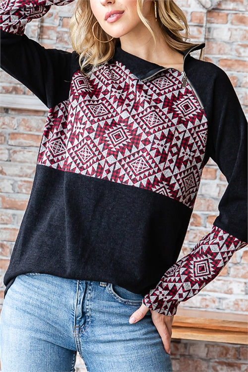 Aztec Print Contrast Side Zipper Top