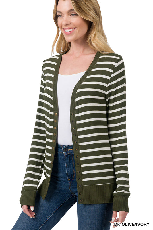 Olive and Ivory Striped Snap Button Cardigan