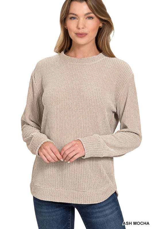 Ash Mocha Chenille Waffle Round Neck Sweater
