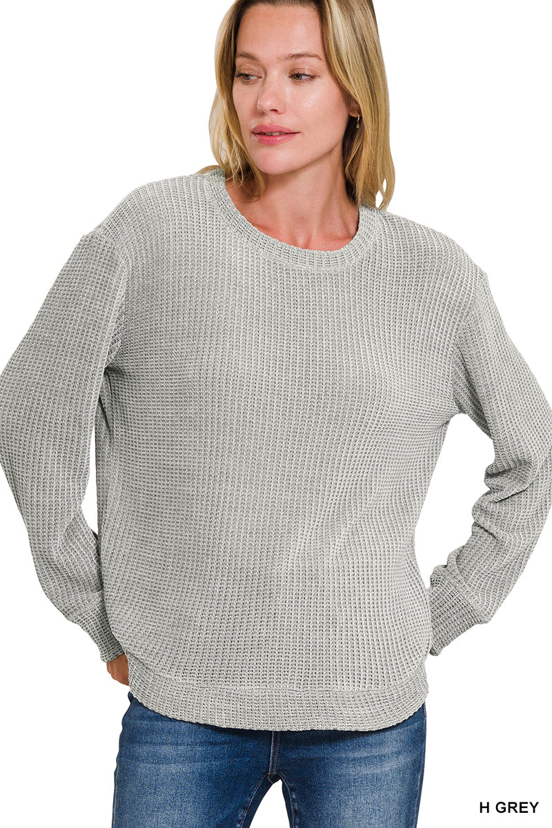 Heather Grey Chenille Waffle Round Neck Sweater