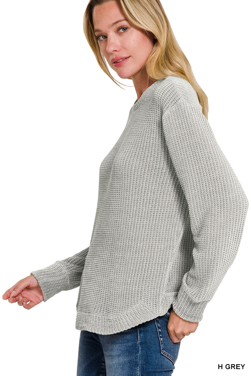 Heather Grey Chenille Waffle Round Neck Sweater