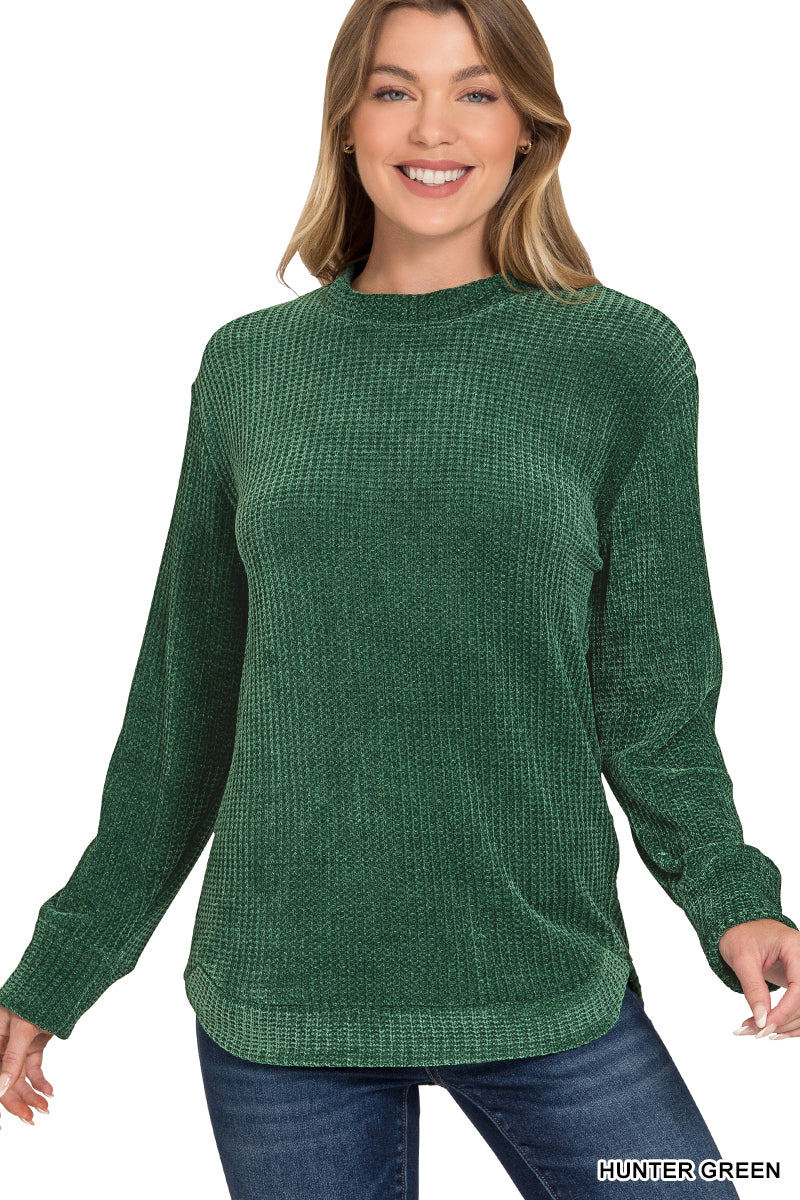 Dark Green Chenille Waffle Round Neck Sweater