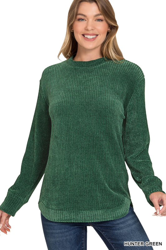 Dark Green Chenille Waffle Round Neck Sweater