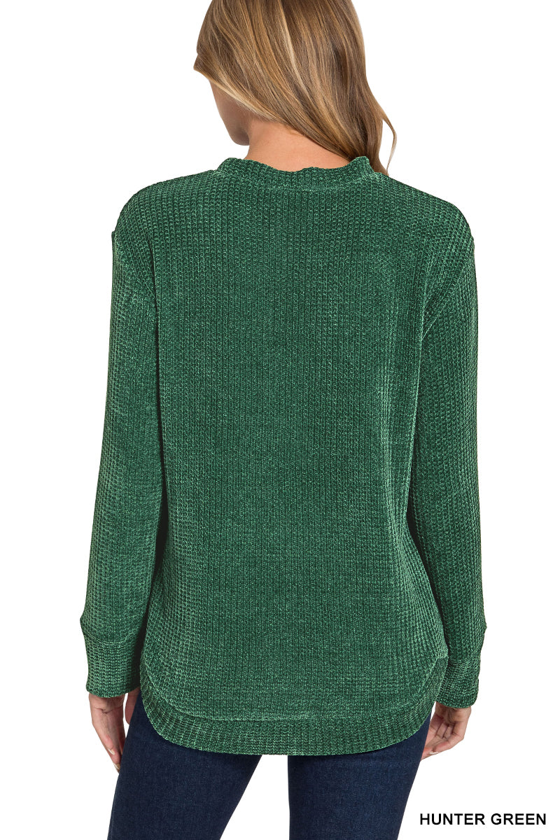 Dark Green Chenille Waffle Round Neck Sweater