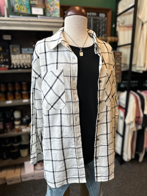 Oversized Plaid Linen Blend Shirt - White/Black