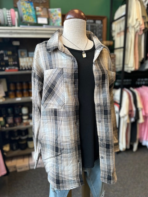 Oversized Plaid Linen Blend Shirt - Taupe/Black