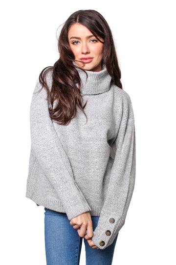 Gray Button Sleeve Cowl Neck Sweater