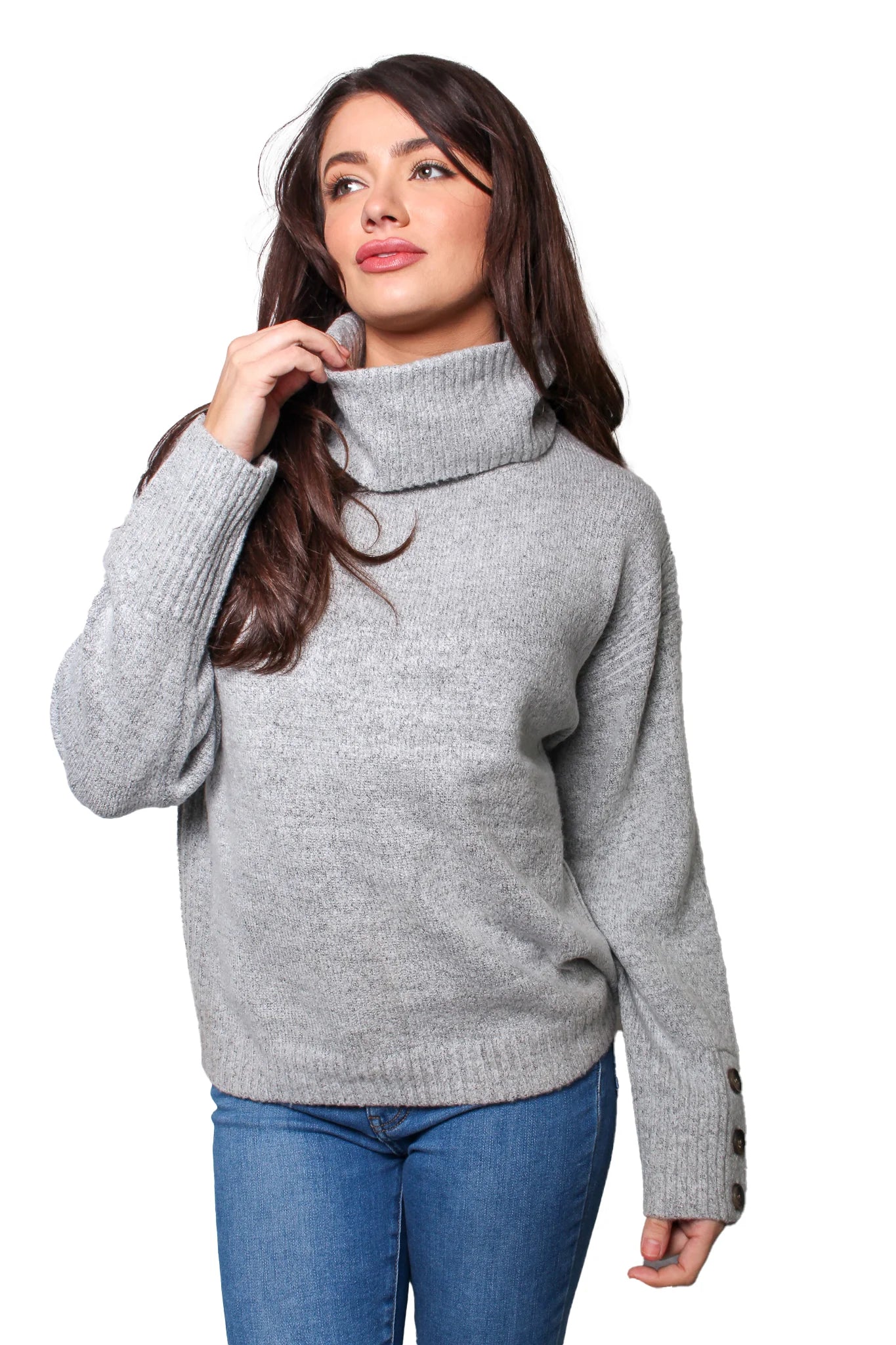 Gray Button Sleeve Cowl Neck Sweater