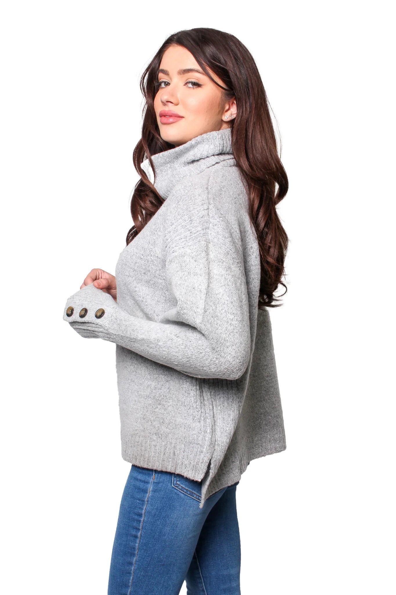 Gray Button Sleeve Cowl Neck Sweater