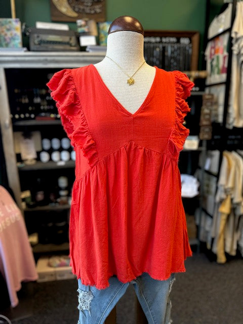 Orange Red Flutter Sleeve Top