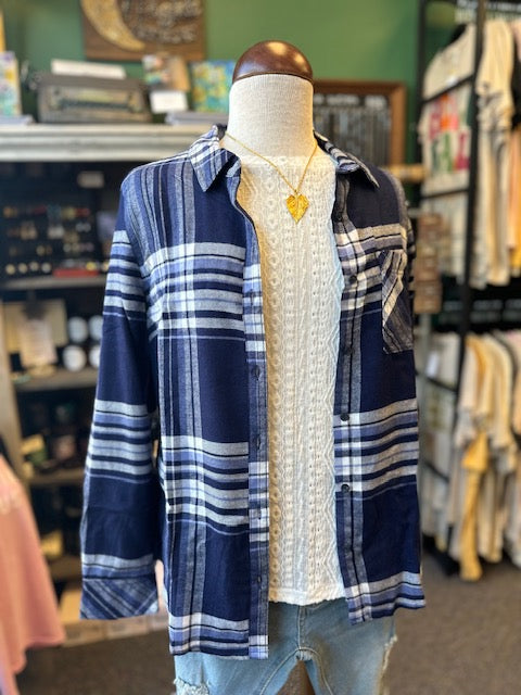 Navy Blue and White One Pocket Plaid Top