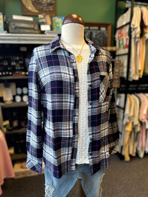 Navy Blue and Pink One Pocket Plaid Top