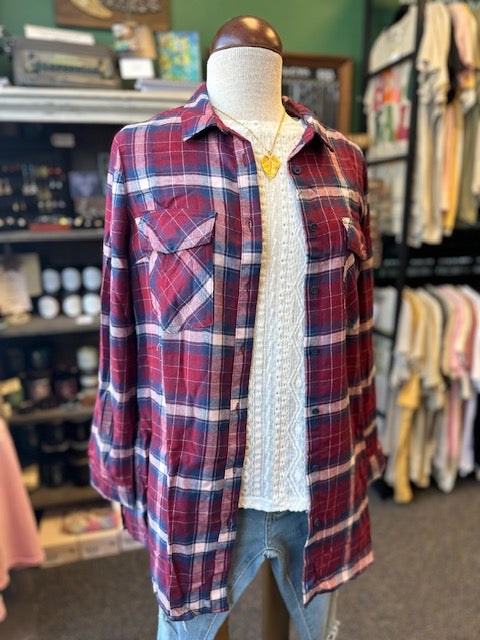 Navy Blue and Red Two Pocket Plaid Top