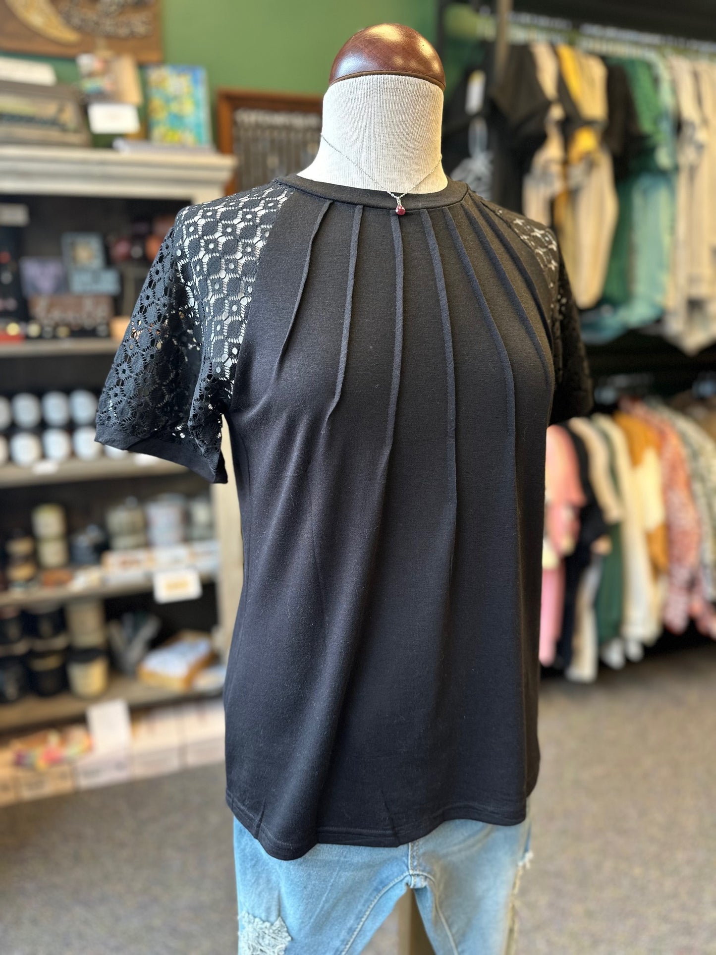 Black Pleated Seam Lace Sleeve Top