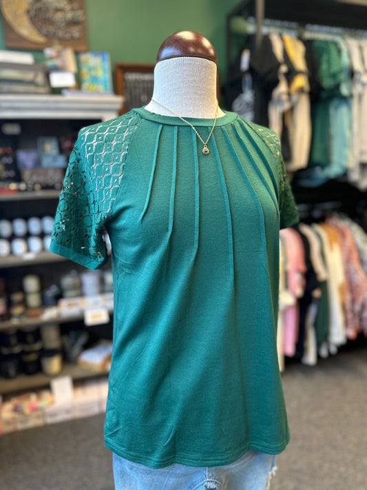 Green Pleated Seam Lace Sleeve Top