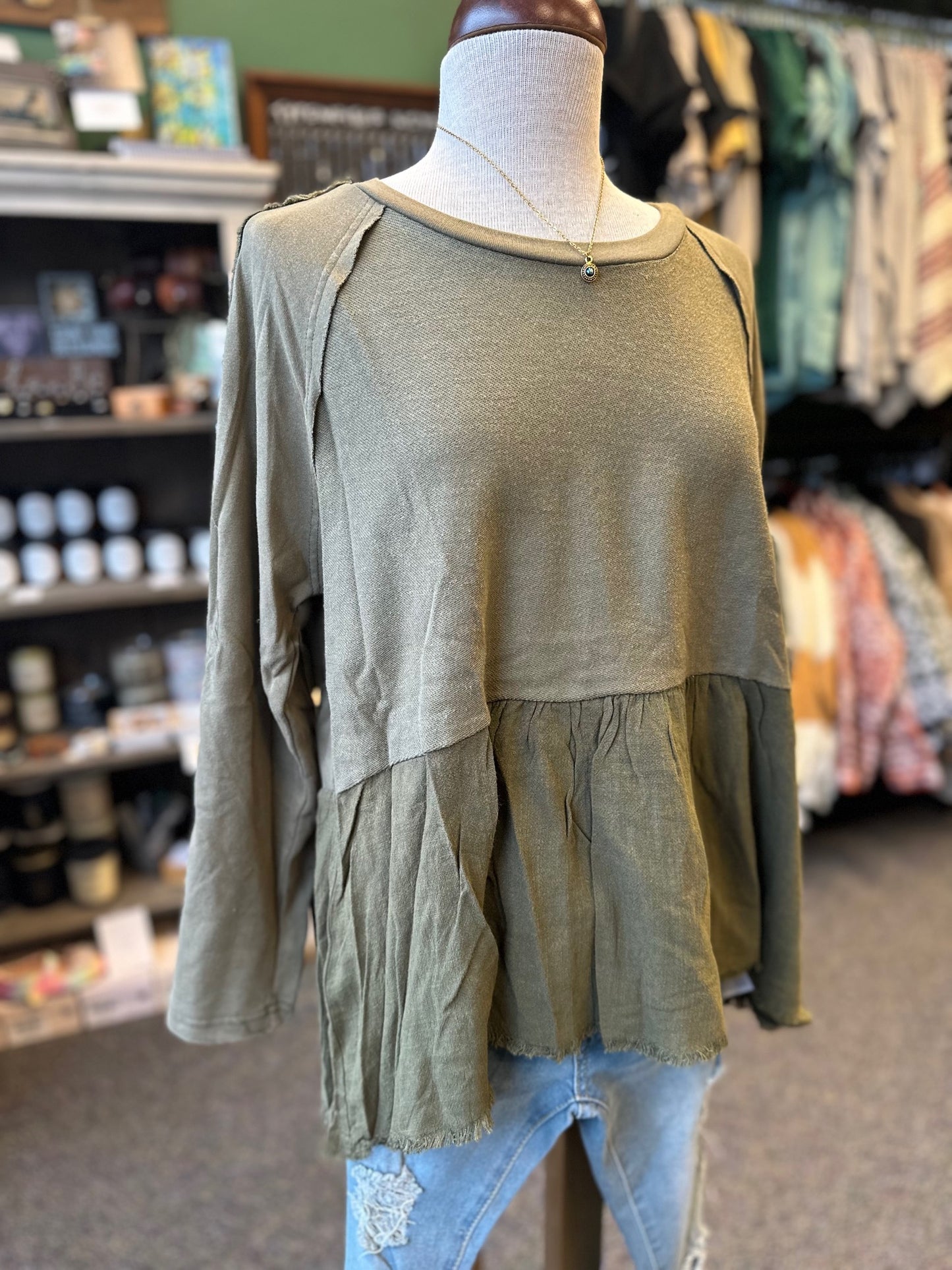 Olive French Terry Distressed Sweatshirt