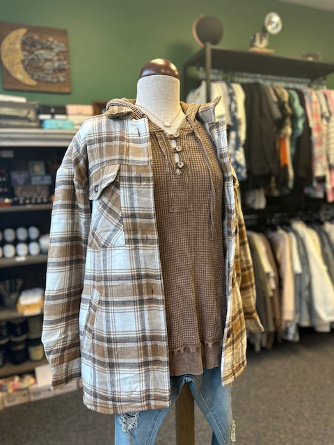 Camel Fleece Lined Plaid Flannel Jacket