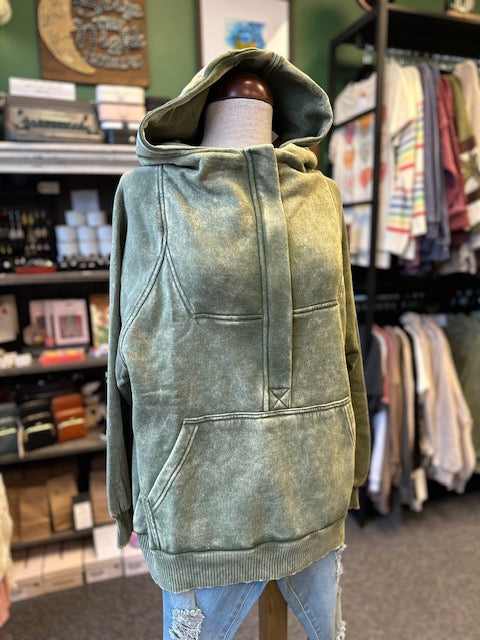 Light Olive Fleece Oversized 1/4 Zip Kangaroo Pocket Hoodie