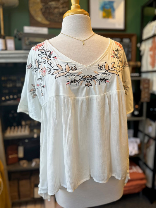 Sale - Short Sleeve V-Neck Embroidered Floral Blouse