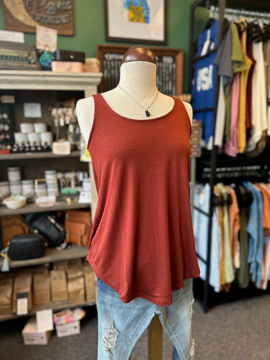 Dark Rust Sleeveless Round Neck Round Hem Tank Top