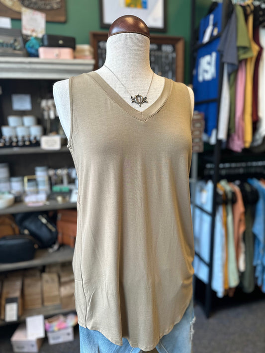 $10 Rack - Khaki Luxe Rayon Sleeveless V-Neck Hi-Low Hem Top