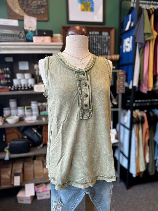 Sale - Light Olive Washed Half-Button Henley Tank Top
