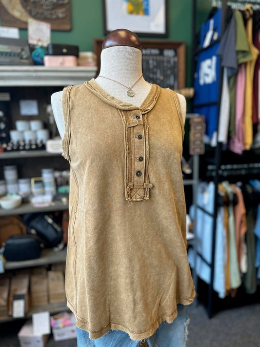 Camel Washed Half-Button Henley Tank Top