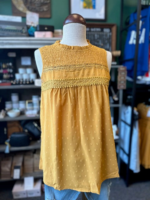 Yellow Lace Trim Sleeveless Swiss Dot Top
