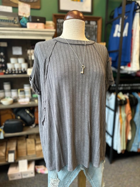 Acid Wash Ash Gray Ribbed Short Sleeve Top