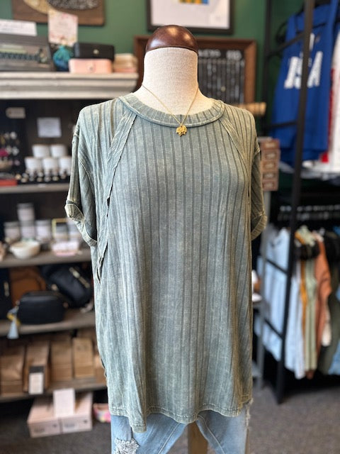 Sale - Acid Wash Ash Jade Ribbed Short Sleeve Top
