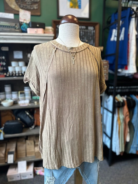 Acid Wash Mocha Ribbed Short Sleeve Top